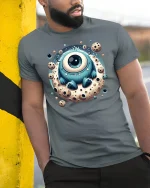 Cute Cyclops Monster Moon Cookie Tee - model leaning on yellow-black pole, wearing Gray T-shirt, hand in pocket
