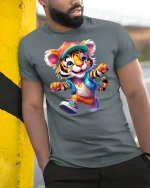Cool Streetwear Tiger Cartoon T-shirt - model leaning on yellow-black pole, wearing Gray T-shirt, hand in pocket