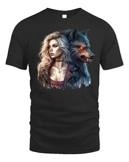 Moonlight Bond Werewolf and Woman Tee - black t-shirt on white background