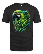 Tropical Green Parrot Art Tee - black t-shirt on white background