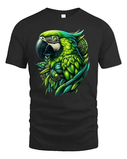 Tropical Green Parrot Art Tee - black t-shirt on white background
