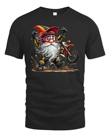 Funny Motocross Gnome Rider T-shirt - black t-shirt on white background