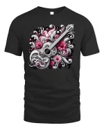 Elegant Guitar with Flowers Tee - black t-shirt on white background