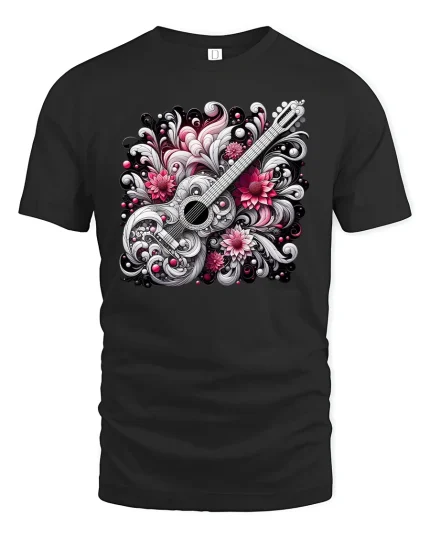 Elegant Guitar with Flowers Tee - black t-shirt on white background