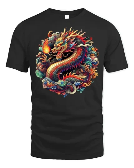 Fiery Asian Dragon Graphic Tee - black t-shirt on white background
