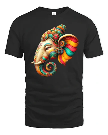 Colorful Elephant Head Art Tee - black t-shirt on white background