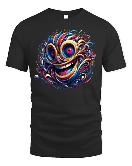 Colorful Crazy Face Swirl T-shirt - black t-shirt on white background