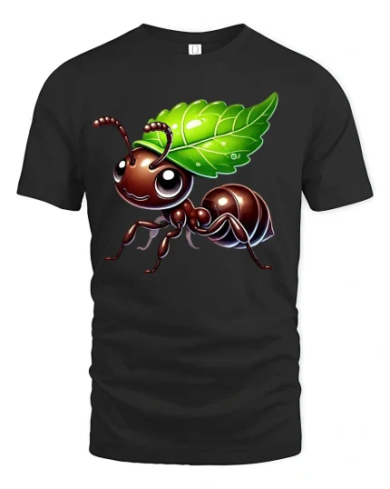 Cute Leaf Carrying Ant Tee - black t-shirt on white background
