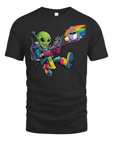 Alien Coffee Blaster Funny Space Tee - black t-shirt on white background