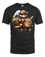 Steampunk Bear Pilot Airplane Tee - black t-shirt on white background