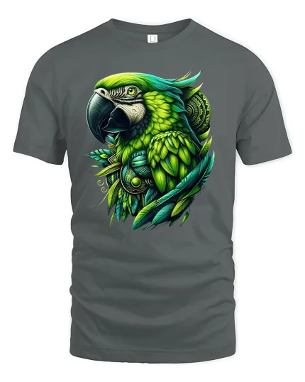 Tropical Green Parrot Art Tee - gray t-shirt on white background