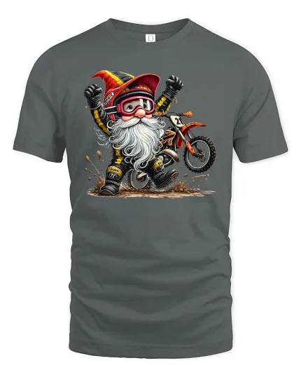 Funny Motocross Gnome Rider T-shirt - gray t-shirt on white background