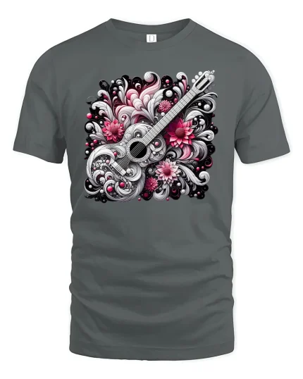 Elegant Guitar with Flowers Tee - gray t-shirt on white background