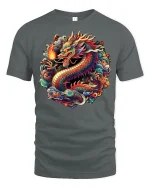 Fiery Asian Dragon Graphic Tee - gray t-shirt on white background