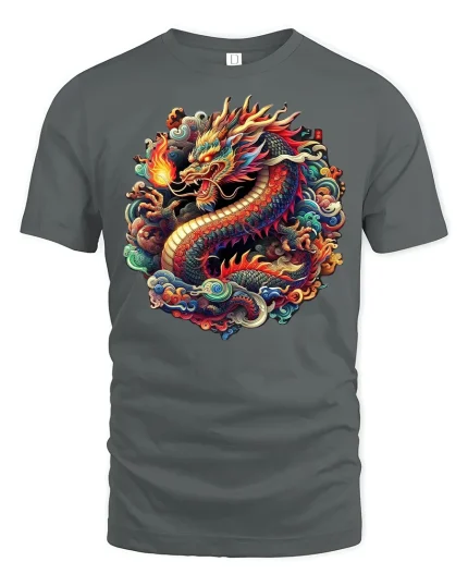 Fiery Asian Dragon Graphic Tee - gray t-shirt on white background