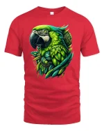 Tropical Green Parrot Art Tee - red t-shirt on white background