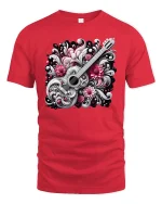 Elegant Guitar with Flowers Tee - red t-shirt on white background