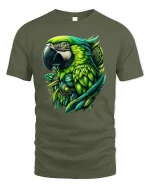 Tropical Green Parrot Art Tee - military green t-shirt on white background