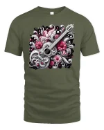 Elegant Guitar with Flowers Tee - military green t-shirt on white background