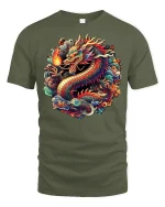 Fiery Asian Dragon Graphic Tee - military green t-shirt on white background