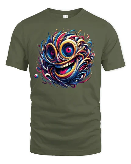 Colorful Crazy Face Swirl T-shirt - military green t-shirt on white background