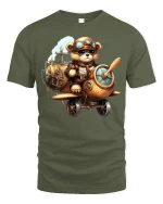 Steampunk Bear Pilot Airplane Tee - military green t-shirt on white background