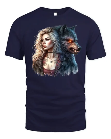 Moonlight Bond Werewolf and Woman Tee - navy t-shirt on white background