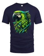 Tropical Green Parrot Art Tee - navy t-shirt on white background