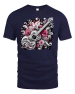 Elegant Guitar with Flowers Tee - navy t-shirt on white background