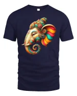 Colorful Elephant Head Art Tee - navy t-shirt on white background