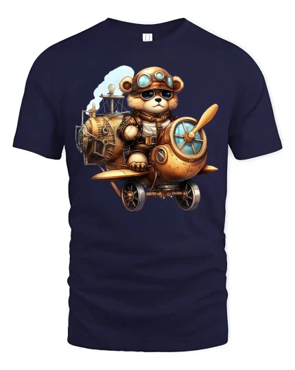 Steampunk Bear Pilot Airplane Tee - navy t-shirt on white background