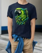 Tropical Green Parrot Art Tee - model wearing Navy T-shirt, hands in pockets, denim shirt at waist