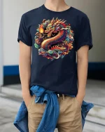 Fiery Asian Dragon Graphic Tee - model wearing Navy T-shirt, hands in pockets, denim shirt at waist