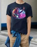 Neon Rock Goddess Graphic Tee - model wearing Navy T-shirt, hands in pockets, denim shirt at waist