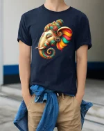 Colorful Elephant Head Art Tee - model wearing Navy T-shirt, hands in pockets, denim shirt at waist