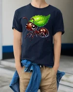 Cute Leaf Carrying Ant Tee - model wearing Navy T-shirt, hands in pockets, denim shirt at waist