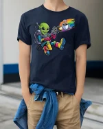 Alien Coffee Blaster Funny Space Tee - model wearing Navy T-shirt, hands in pockets, denim shirt at waist