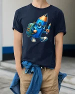 Back to School Pencil Buddy Tee - model wearing Navy T-shirt, hands in pockets, denim shirt at waist