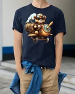 Steampunk Bear Pilot Airplane Tee - model wearing Navy T-shirt, hands in pockets, denim shirt at waist