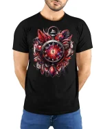 Cosmic Pocket Watch Galaxy Tee - model with hands behind back, wearing Black T-shirt and blue jeans