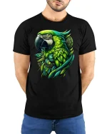 Tropical Green Parrot Art Tee - model with hands behind back, wearing Black T-shirt and blue jeans