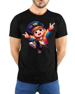 Yo Yo Hip Hop Boy Colorful Tee - model with hands behind back, wearing Black T-shirt and blue jeans