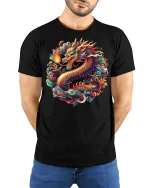 Fiery Asian Dragon Graphic Tee - model with hands behind back, wearing Black T-shirt and blue jeans