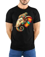 Colorful Elephant Head Art Tee - model with hands behind back, wearing Black T-shirt and blue jeans