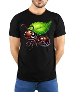 Cute Leaf Carrying Ant Tee - model with hands behind back, wearing Black T-shirt and blue jeans