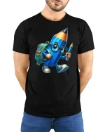 Back to School Pencil Buddy Tee - model with hands behind back, wearing Black T-shirt and blue jeans