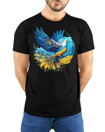 Ukraine Peace Dove - Freedom Graphic T-Shirt - model with hands behind back, wearing Black T-shirt and blue jeans