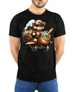 Steampunk Bear Pilot Airplane Tee - model with hands behind back, wearing Black T-shirt and blue jeans