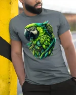 Tropical Green Parrot Art Tee - model leaning on yellow-black pole, wearing Gray T-shirt, hand in pocket
