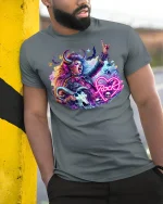 Neon Rock Goddess Graphic Tee - model leaning on yellow-black pole, wearing Gray T-shirt, hand in pocket